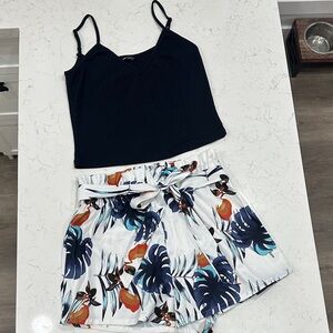 Navy Tank Top and Tropical Print Shorts Set